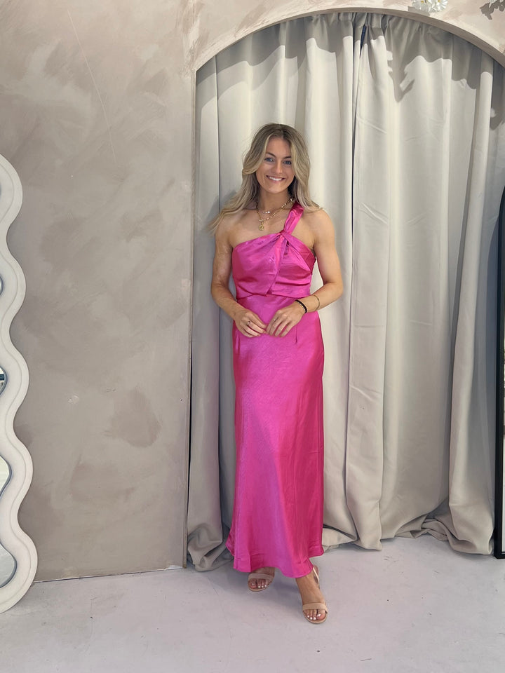 One Shoulder Satin Midi Dress - Fuchsia Pink