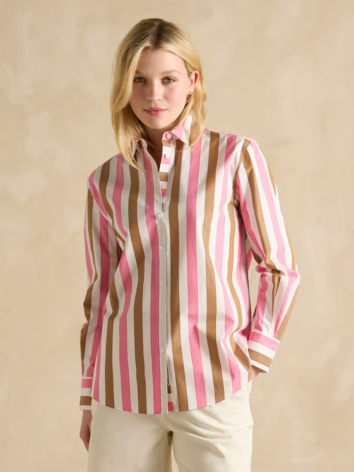 Joules Amilla Stripe Longline Relaxed Fit Shirt - Pink & Tan