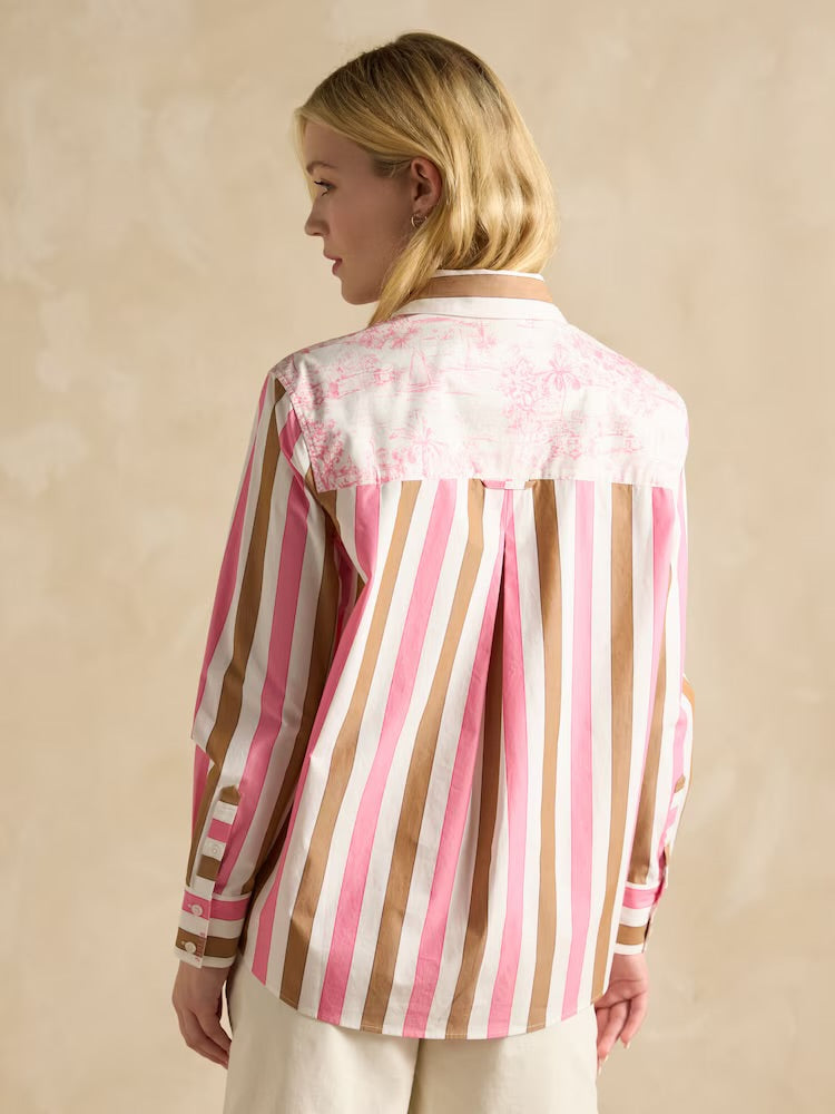 Joules Amilla Stripe Longline Relaxed Fit Shirt - Pink & Tan