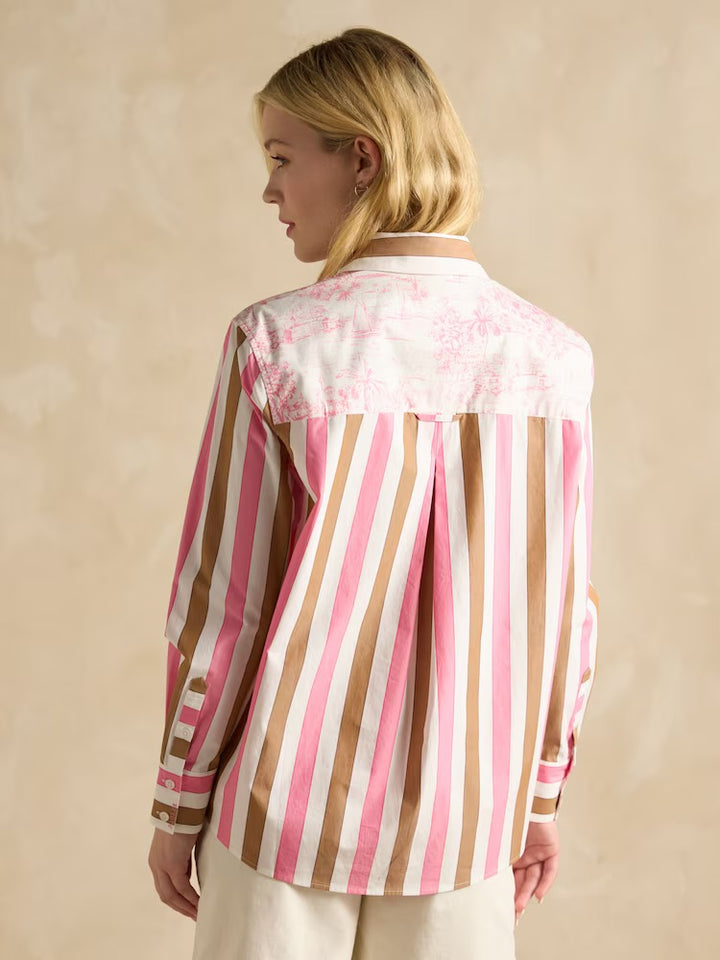 Joules Amilla Stripe Longline Relaxed Fit Shirt - Pink & Tan