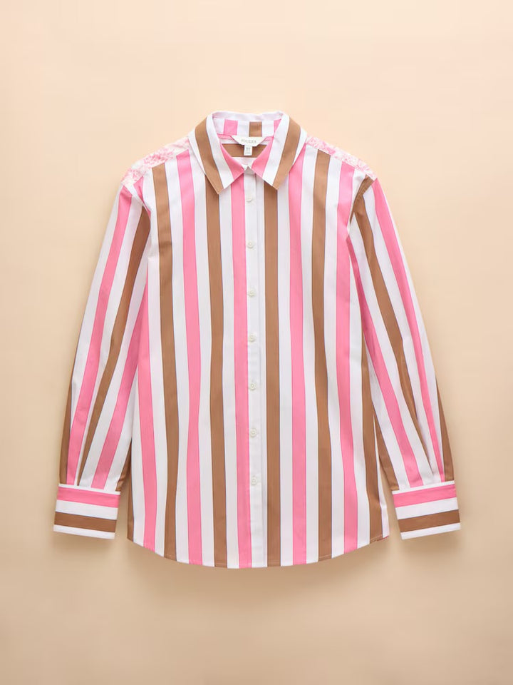 Joules Amilla Stripe Longline Relaxed Fit Shirt - Pink & Tan