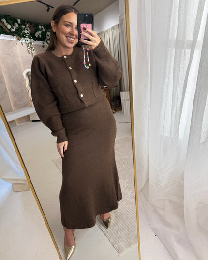 Cardigan and Midi Skirt Set - Brown