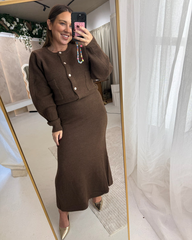 Cardigan and Midi Skirt Set - Brown