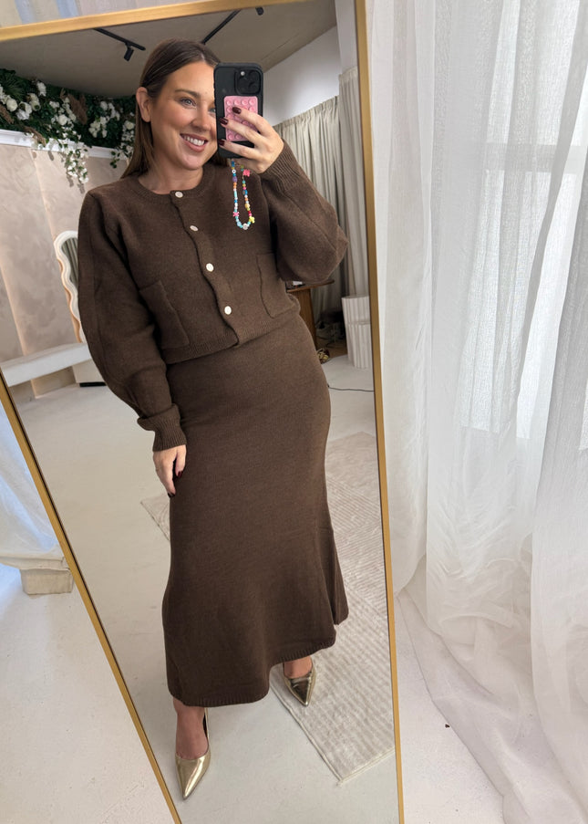 Cardigan and Midi Skirt Set - Brown