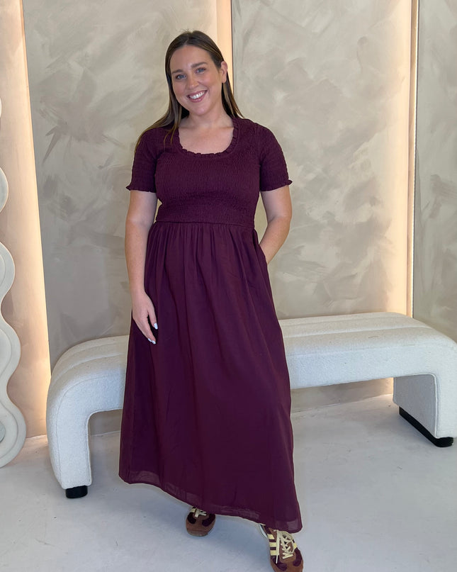 Shirred Zita Midi Dress - Burgundy