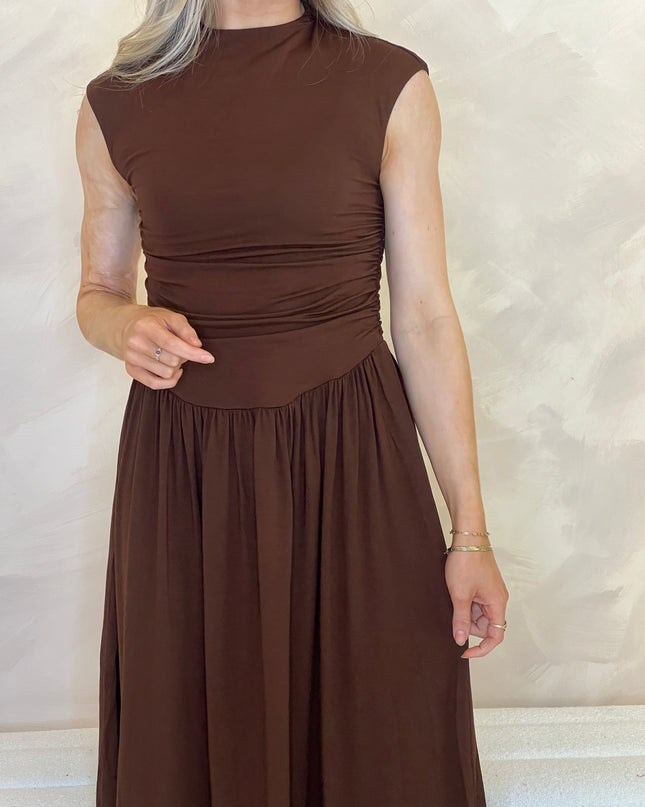 Drop Waist Aubrey Midi Dress - Brown