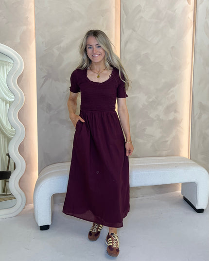 Shirred Zita Midi Dress - Burgundy
