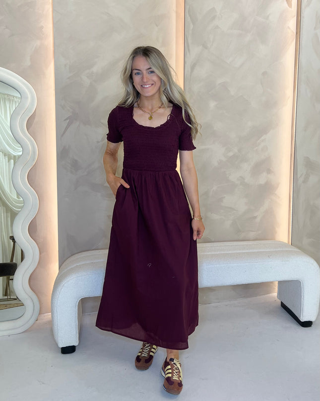 Shirred Zita Midi Dress - Burgundy