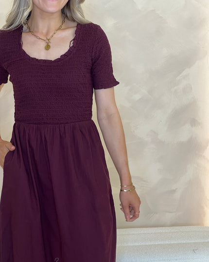 Shirred Zita Midi Dress - Burgundy