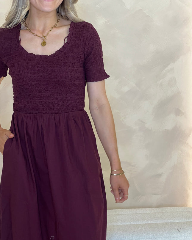 Shirred Zita Midi Dress - Burgundy