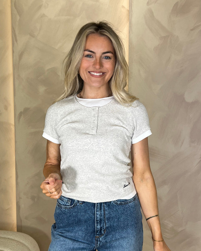 Guess Jeans Henley Ribbed Layered T-Shirt - Grey/White