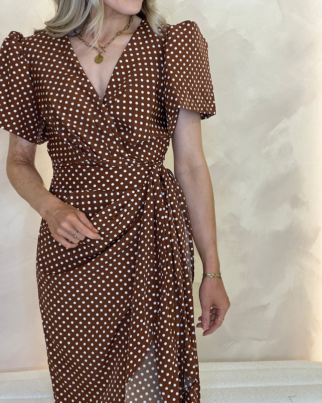 Drew Puff Sleeve Wrap Front Midi Dress - Brown Spot