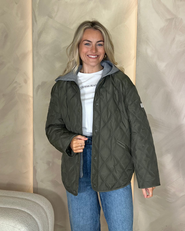 Guess Jeans Quilted Hooded Jacket - Khaki