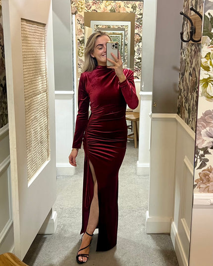 Velvet Thigh Split Maxi Dress - Red