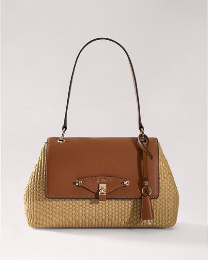 Guess Maggie Straw Flap Shoulder Bag - Brown