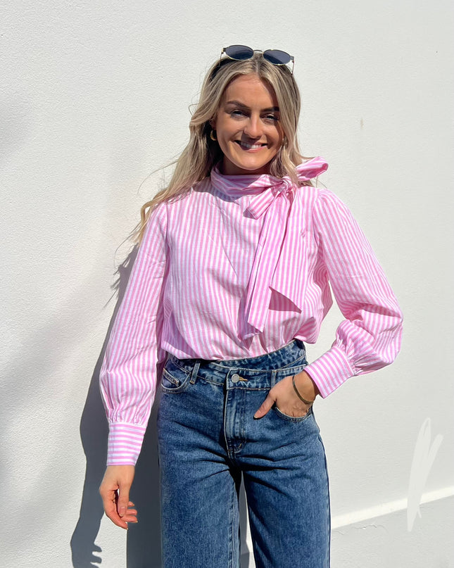 Neck Tie Stripe Blouse - Rose