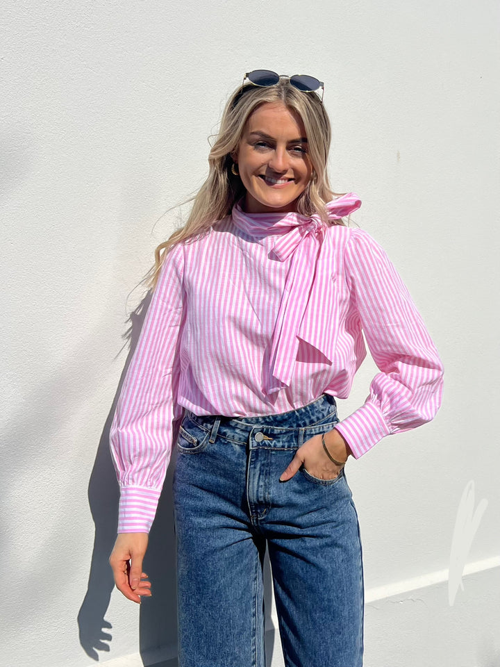 Neck Tie Stripe Blouse - Rose