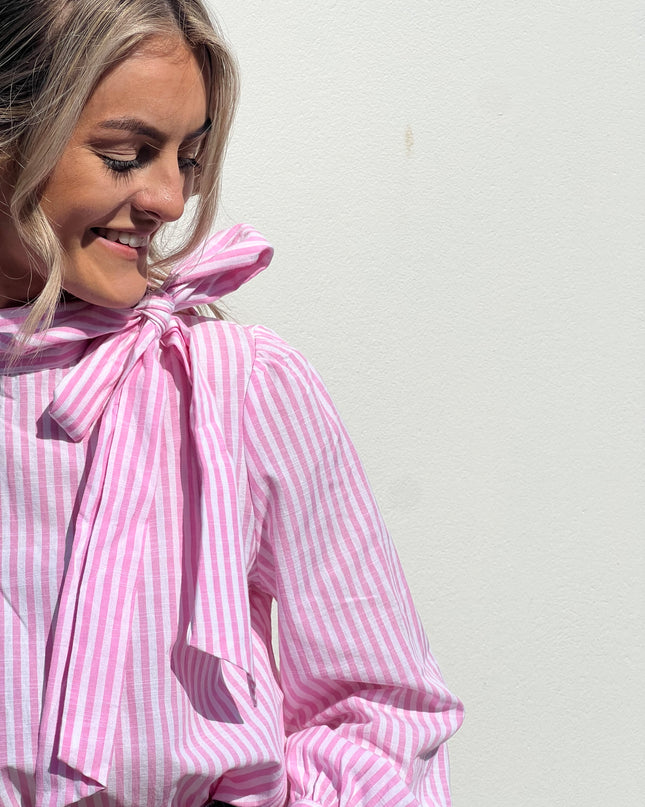 Neck Tie Stripe Blouse - Rose