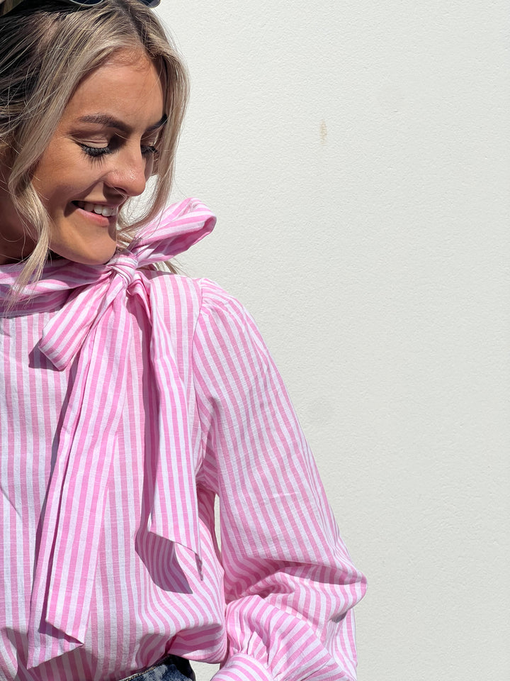Neck Tie Stripe Blouse - Rose