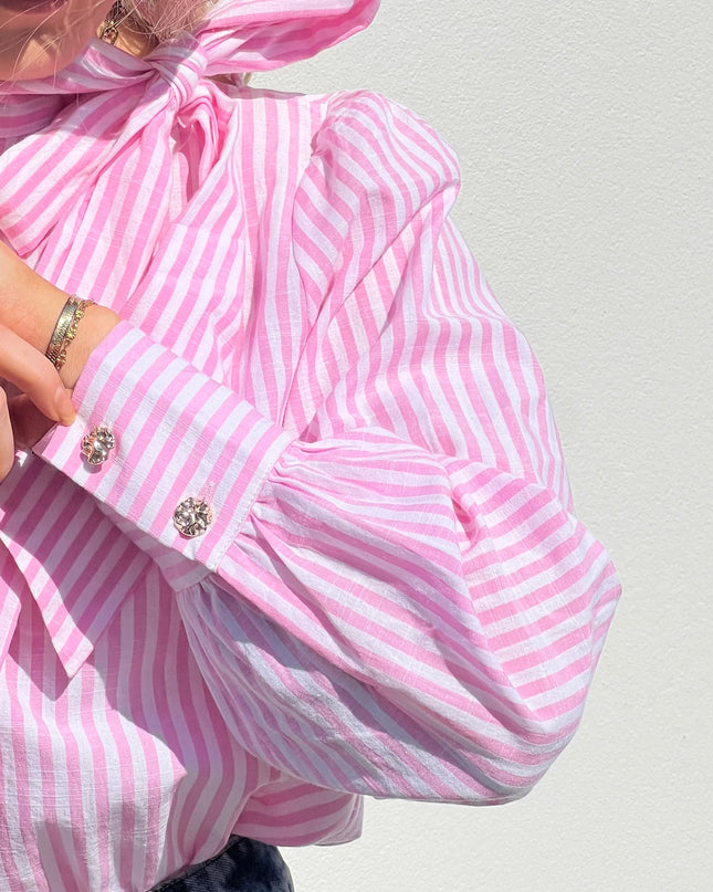 Neck Tie Stripe Blouse - Rose