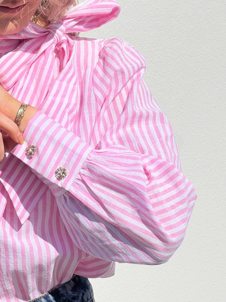 Neck Tie Stripe Blouse - Rose