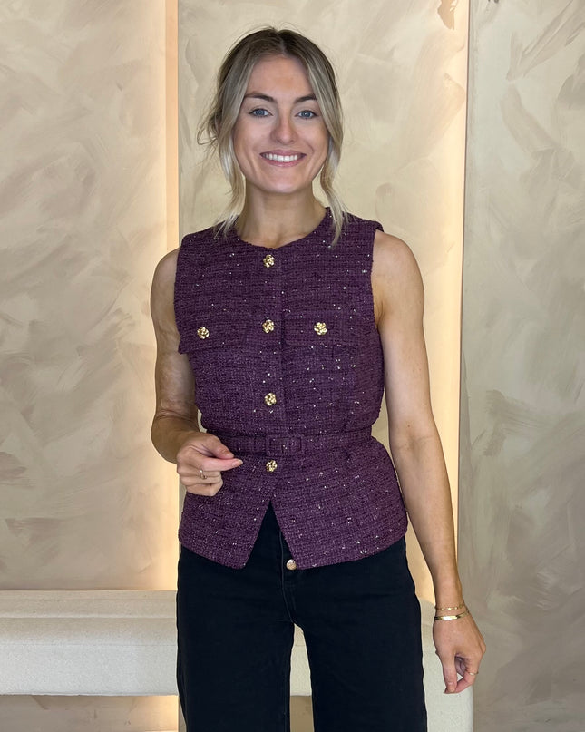 Tweed Belted Waistcoat - Plum