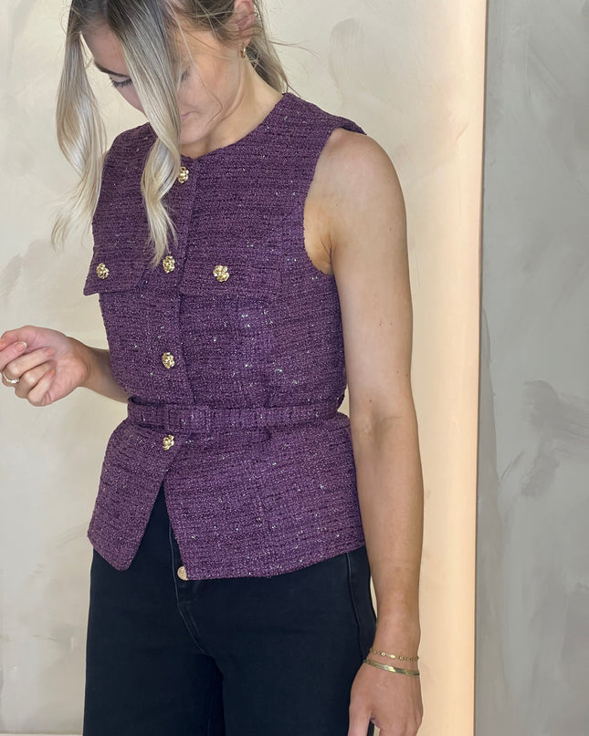 Tweed Belted Waistcoat - Plum