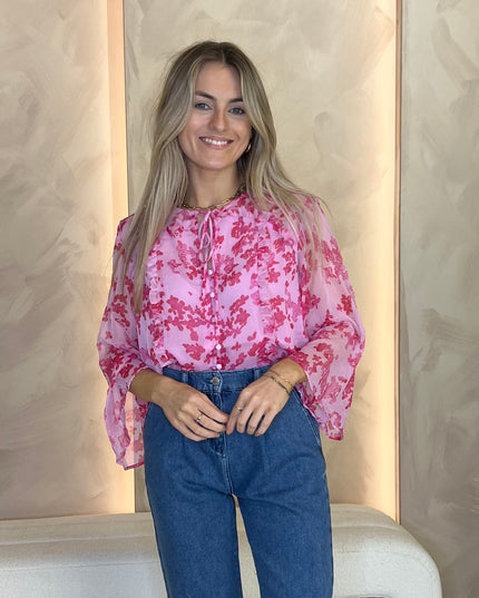 French Connection Isla Hallie Crinkle Tie Neck Top - Violet Pink Multi
