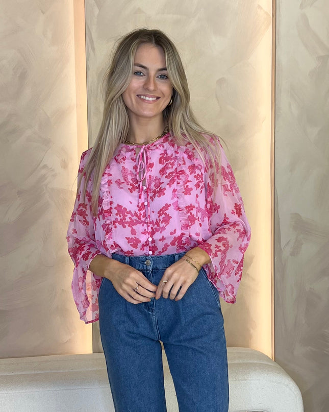 French Connection Isla Hallie Crinkle Tie Neck Top - Violet Pink Multi