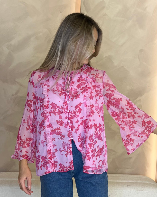 French Connection Isla Hallie Crinkle Tie Neck Top - Violet Pink Multi
