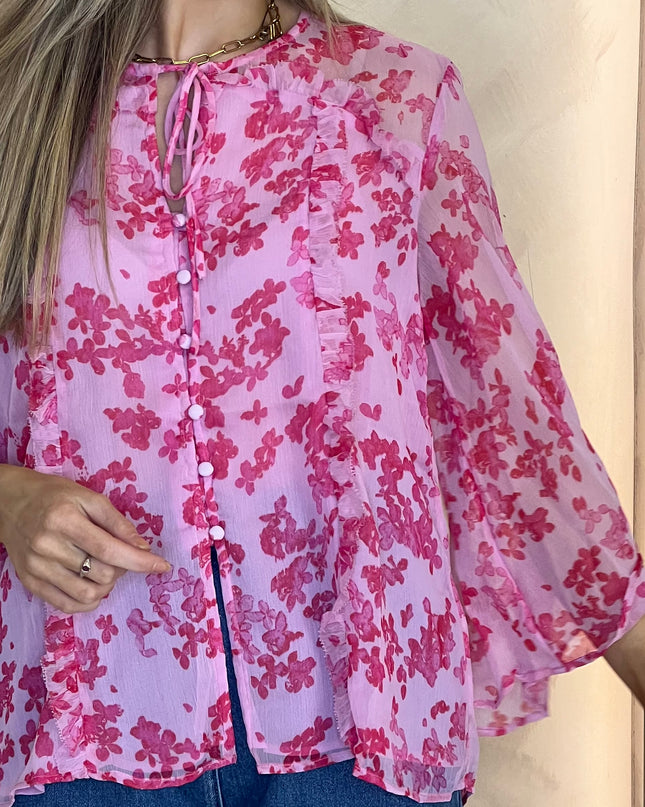French Connection Isla Hallie Crinkle Tie Neck Top - Violet Pink Multi