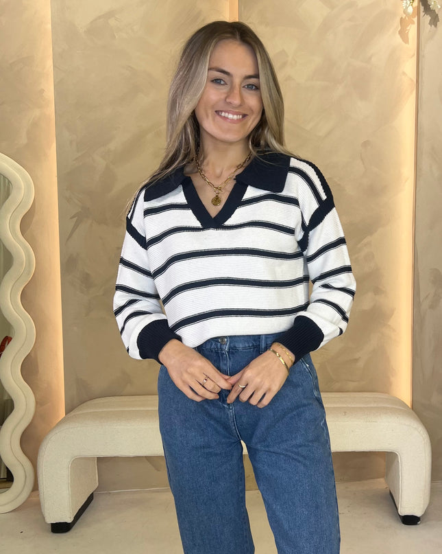 French Connection Lily Mozart Striped Polo Jumper- Navy/Winter White