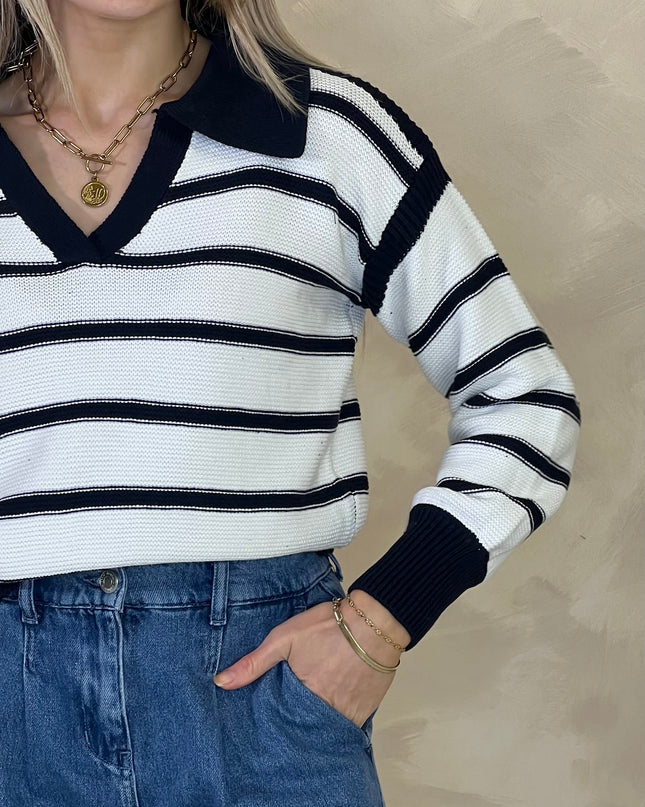 French Connection Lily Mozart Striped Polo Jumper- Navy/Winter White