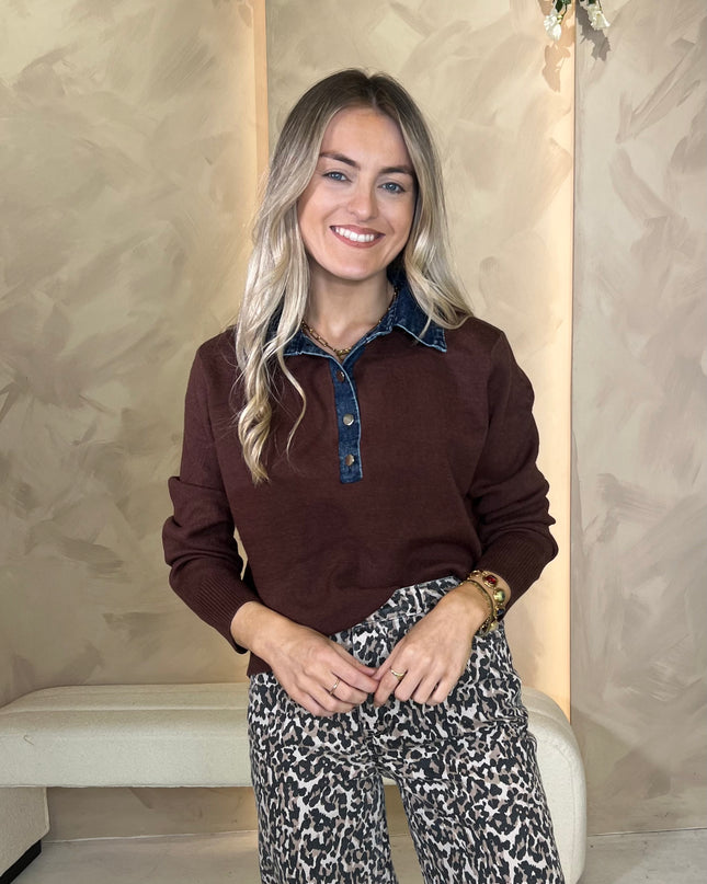 Denim Collar Knit - Brown