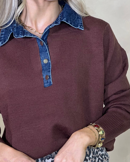 Denim Collar Knit - Brown