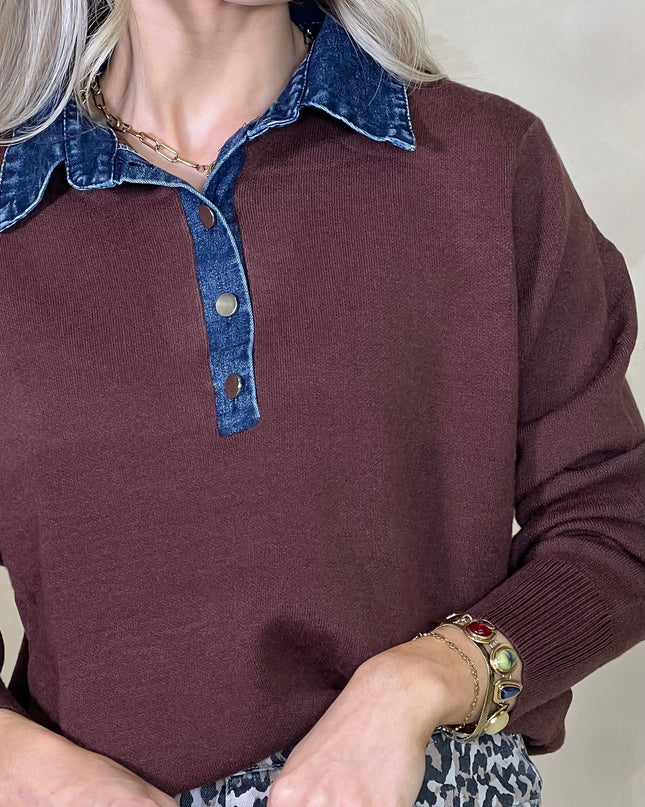 Denim Collar Knit - Brown