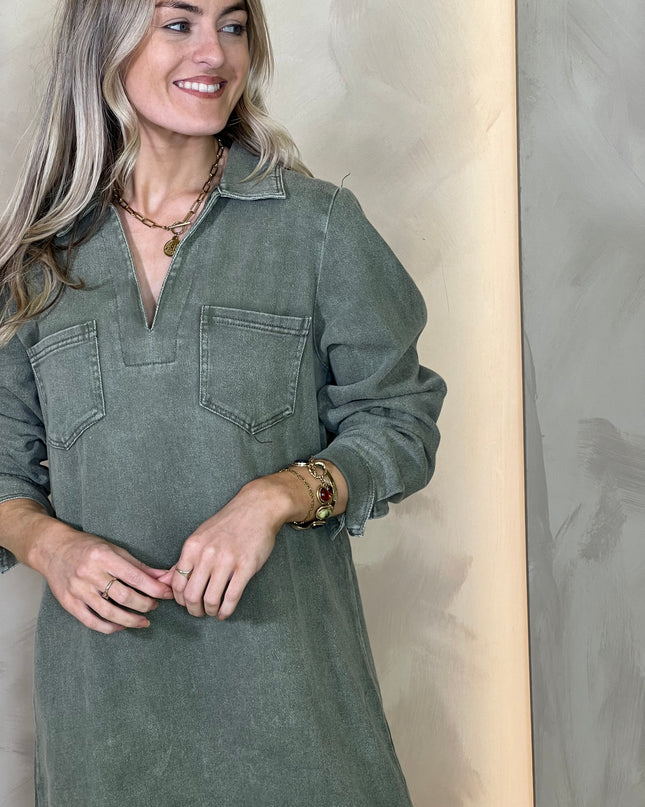 Long Sleeve Denim Mini - Khaki
