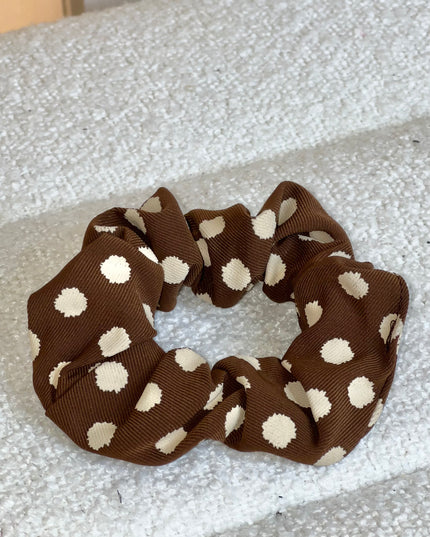 Polka Dot Hair Scrunchie - Brown and White