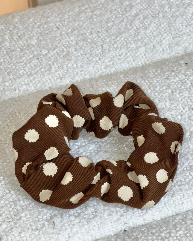 Polka Dot Hair Scrunchie - Brown and White