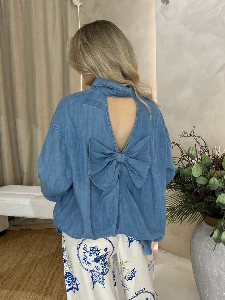 Bow Back Soft Denim Shirt - Blue