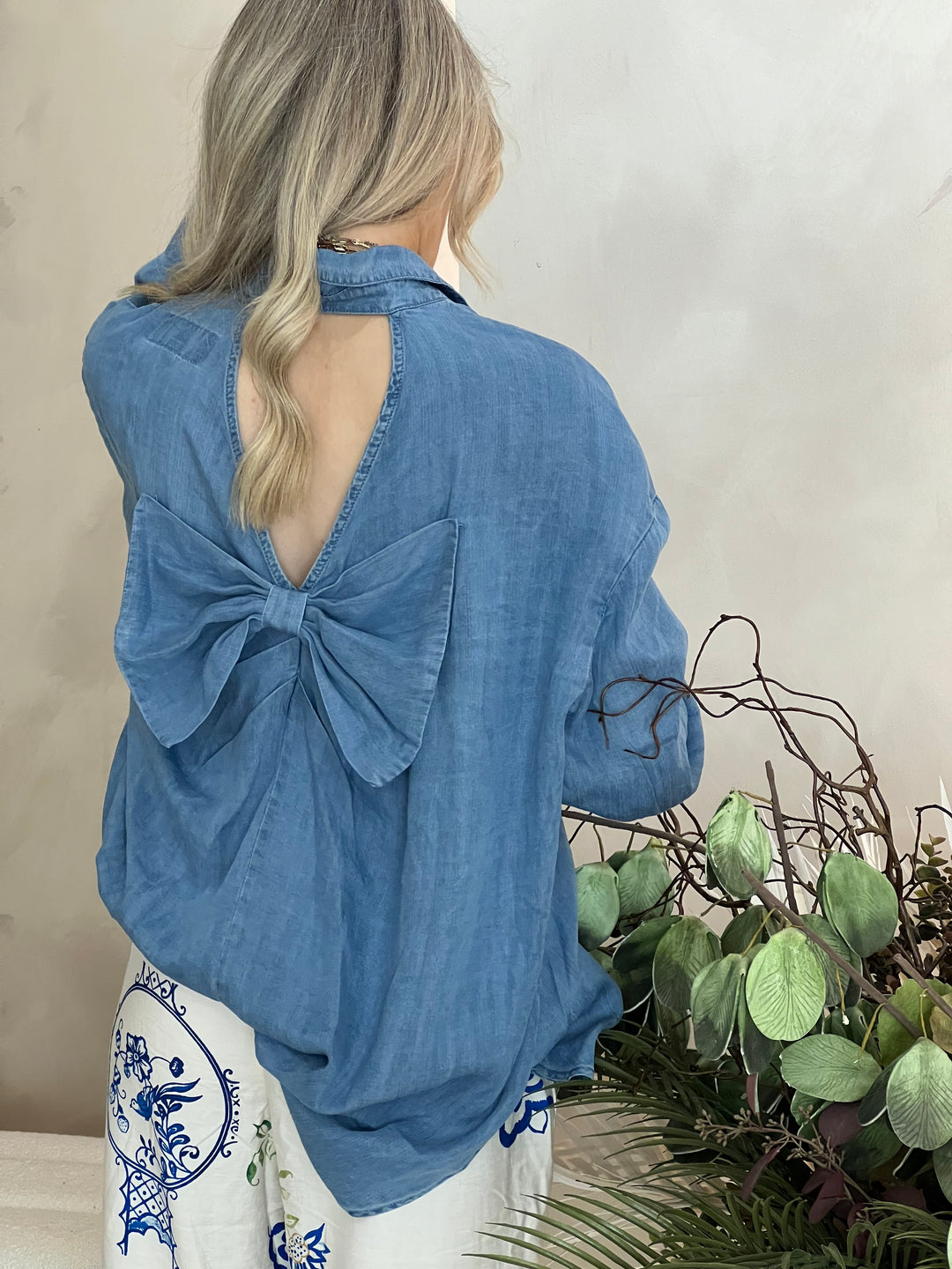 Bow Back Soft Denim Shirt - Blue
