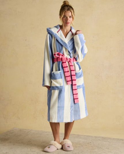 Joules Luna Fleece Dressing Gown - Cream/Blue Stripe