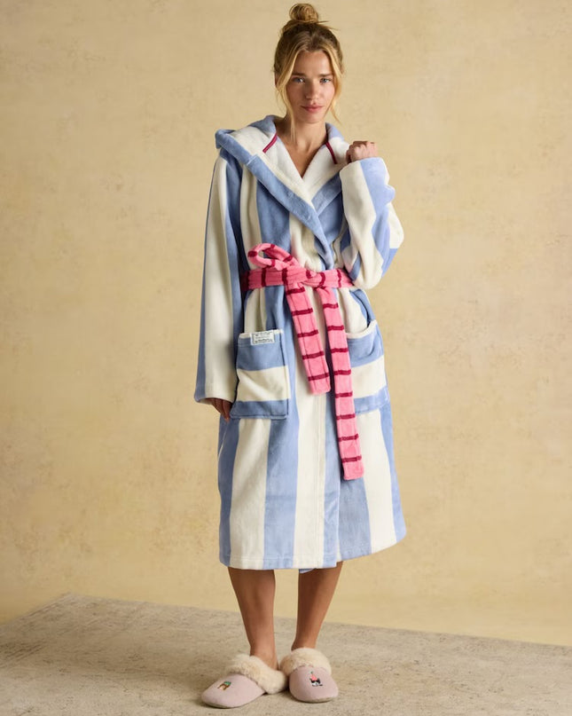 Joules Luna Fleece Dressing Gown - Cream/Blue Stripe