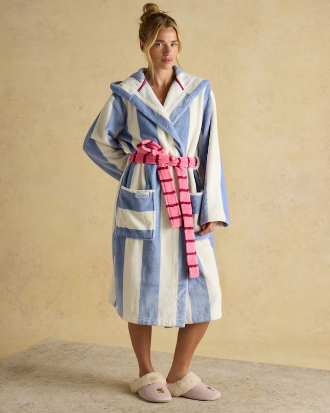 Joules Luna Fleece Dressing Gown - Cream/Blue Stripe