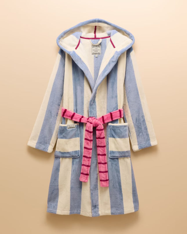 Joules Luna Fleece Dressing Gown - Cream/Blue Stripe