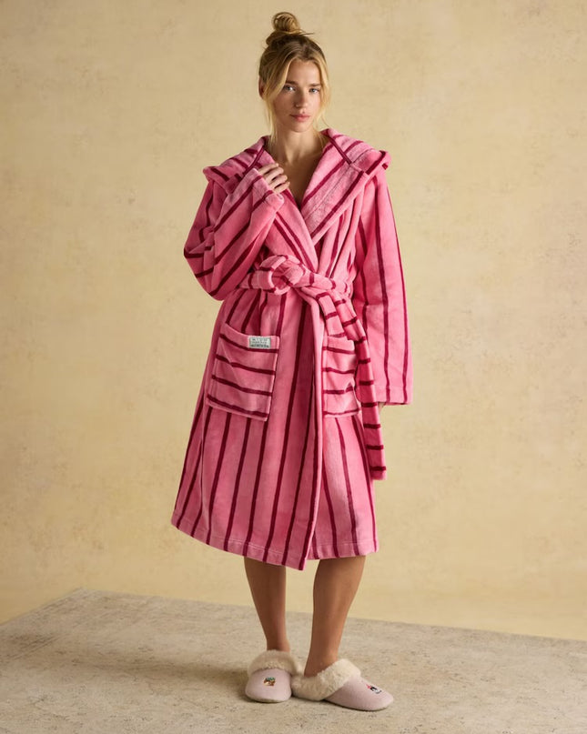 Joules Luna Fleece Dressing Gown - Pink Stripe