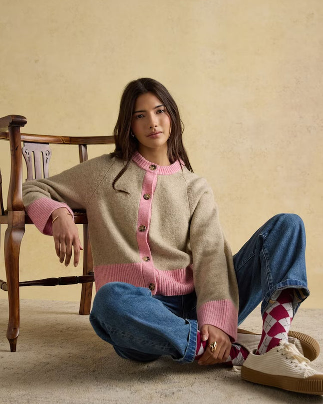 Joules Nora Knitted Cardigan - Oat/Pink