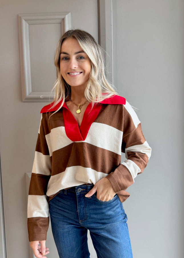 Fine Knit Polo Top - Tan/Red