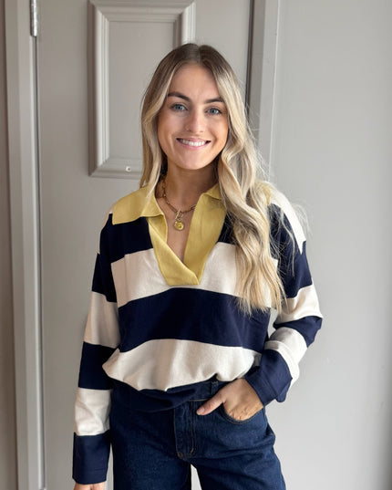 Fine Knit Polo Top - Navy/Lemon