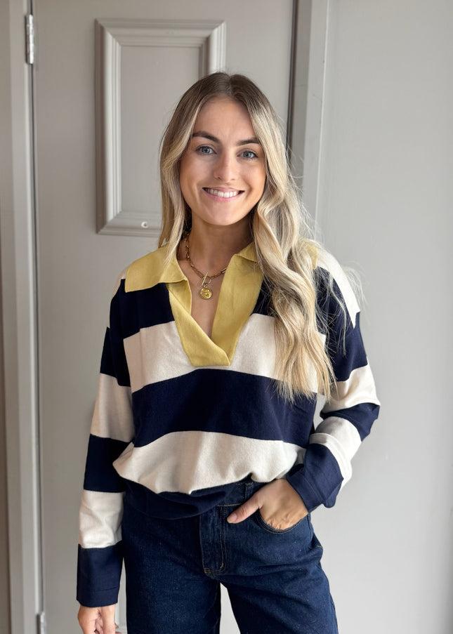 Fine Knit Polo Top - Navy/Lemon